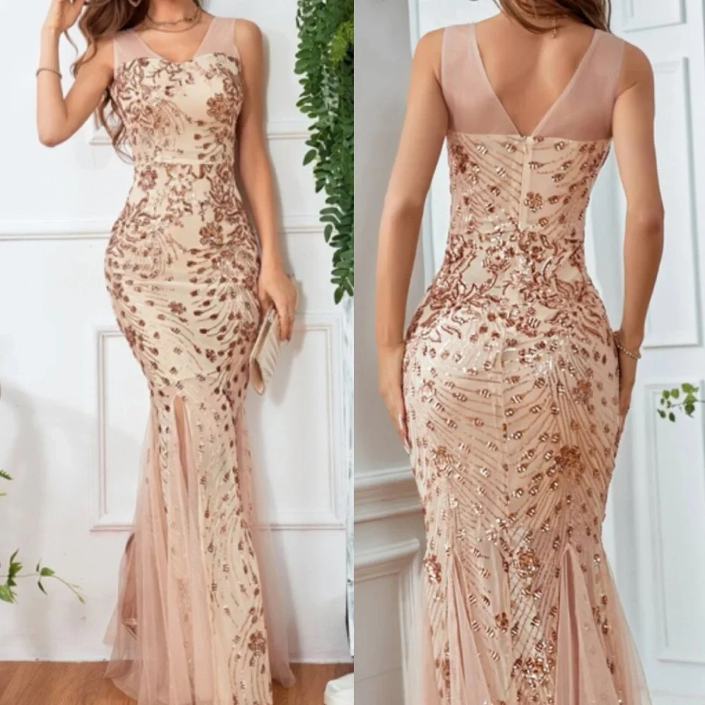 Luxurious sequins embroidered mesh evening party formal gown dress - Picture 1 of 10